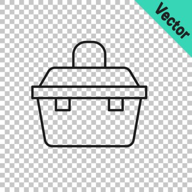 Saydam arka planda izole edilmiş siyah çizgi kutusu ya da kutu konteynır sendeleyici ve dişli balıkçılık ekipmanları ikonu. Balık oltası. Vektör.