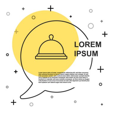 Beyaz arka planda izole edilmiş bir tepsi yiyecek ikonu ile kaplanmış siyah çizgi. Tepsi ve kapak işareti. Kapaklı bir restoran saati. Rastgele dinamik şekiller. Vektör.