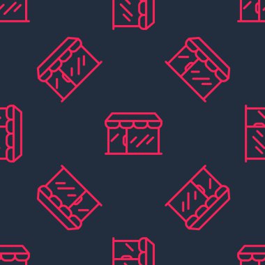 Kırmızı çizgi alışveriş binası ya da market simgesi siyah arka planda izole edilmiş. Dükkan inşaatı. Vektör.