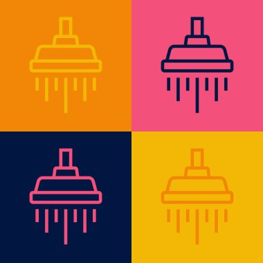 Pop sanat serisi duş başlığı ve su damlaları renkli arka planda izole edilmiş ikon akışı. Vektör.