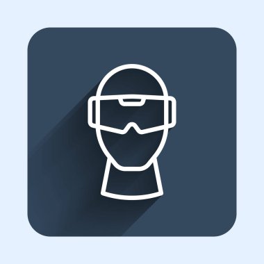 Beyaz çizgi Sanal gerçeklik gözlüğü simgesi uzun gölge arkaplanı ile izole edilmiş. Stereoskopik 3D VR maskesi. Optik baş monte edildi. Mavi kare düğme. Vektör.