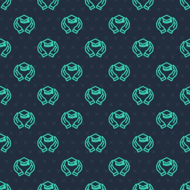 Green line Education grant icon isolated seamless pattern on blue background. Tuition fee, financial education, budget fund, scholarship program, graduation hat. Vector.