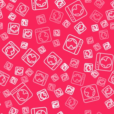 White line Worldwide icon isolated seamless pattern on red background. Pin on globe. Vector.