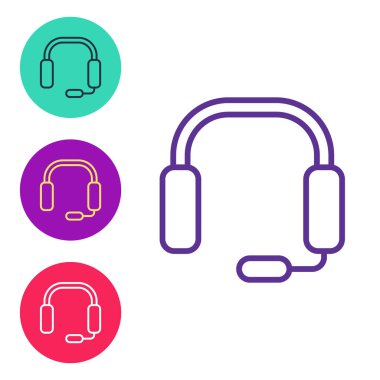 Satır Kulaklığı simgesi beyaz arkaplanda izole edildi. Kulaklıklar. Müzik, hizmet, iletişim ve operatör konsepti. Simgeleri renklendirin. Vektör.