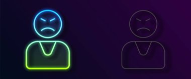 Parlayan neon hattı, kızgın müşteri simgesi siyah arka planda izole edildi. Vektör.