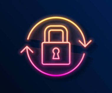 Parlayan neon çizgi simgesi siyah arkaplanda izole edildi. Asma kilit işareti. Güvenlik, güvenlik, koruma, gizlilik kavramı. Vektör.