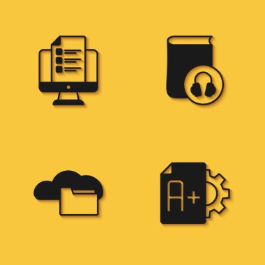 Sınav kağıdını A + sınıfı bulut ya da çevrimiçi kütüphane ve uzun gölgeli ses kitabı simgesi ile çevrimiçi sınav kağıdıyla ayarla. Vektör.