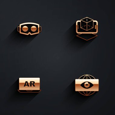 Sanal gerçeklik gözlüklerini güçlendirilmiş AR modellemesi ve büyük kardeş elektronik göz ikonunu uzun gölgeli olarak ayarla. Vektör.