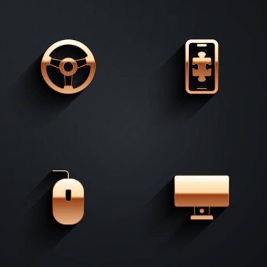 Yarış simülatörü mobil oyun faresi ve uzun gölgeli izleme simgesini ayarla. Vektör.