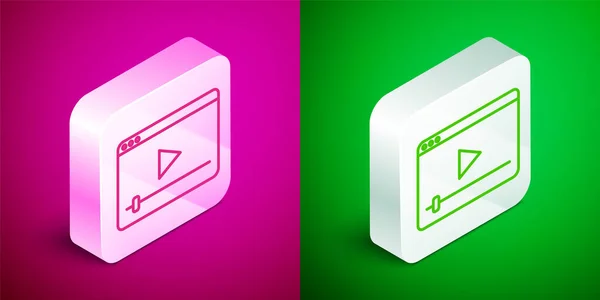 Isometric Line Online Play Video Icon Isolated Pink Green Background — Vettoriale Stock