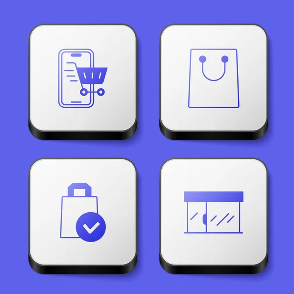 Set Mobile Shopping Cart Paper Bag Market Store Icon Белая — стоковый вектор