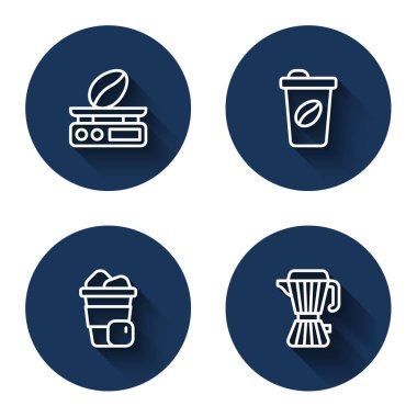 Elektronik kahve terazisini buzlu kahve fincanı ve uzun gölgeli moca demliği yapmak için ayarla. Mavi daire düğmesi. Vektör.