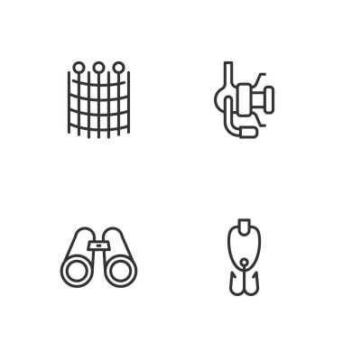 Balıkçılık oltası, Dürbün ağı deseni ve balık ikonu için dönen makarayı ayarlayın. Vektör.