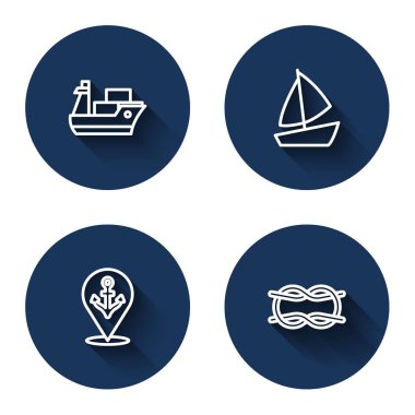 Kargo gemisi Yat yelkenlisi konumu çapalı ve uzun gölgeli denizcilik halat düğümlü. Mavi daire düğmesi. Vektör.