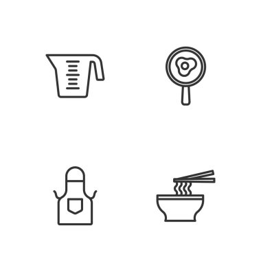 Asya eriştelerini kase önlüklü ölçü kabına koy ve kızarmış yumurta kızartma tavası ikonu. Vektör.