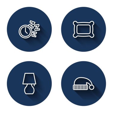 Alarm saatini ayarla. Yastık Masası lambası ve uzun gölgeli uyku şapkası. Mavi daire düğmesi. Vektör.