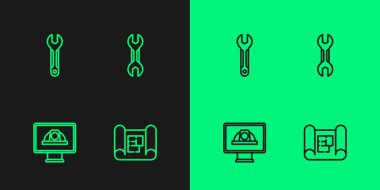 Ev Planı İşçi Güvenlik Miğferi Anahtarı ve İkonunu ayarla. Vektör.