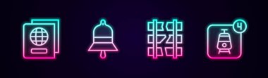 Pasaport tren istasyonu zilini ayarla. Kırık demiryolu ve online bilet rezervasyonu. Parlayan neon ikonu. Vektör.