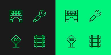 Tren hattı tren yolu hız limitli trafik levhası tren ve İngiliz anahtarı ikonu için 100 km köprü kur. Vektör.