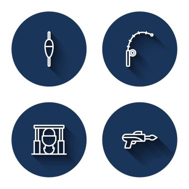 Olta kamışı kamp ateşi, tencere ve uzun gölgeli zıpkın. Mavi daire düğmesi. Vektör.