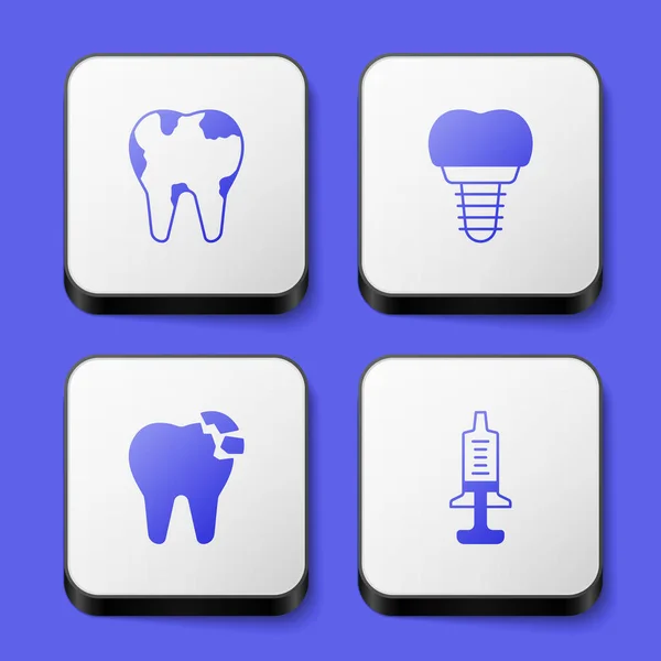 Definir Dente Quebrado Implante Dentário Ícone Seringa Botão Quadrado Branco —  Vetores de Stock