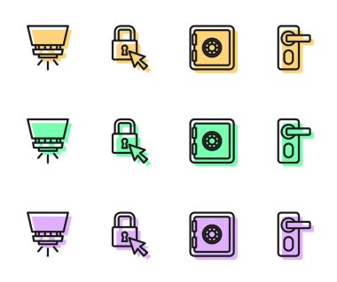 Hat güvenli yangın söndürme sistemi kilidini ve parmak izi kapı kilidi simgesini ayarla. Vektör.