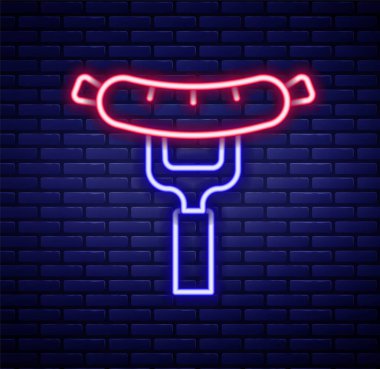 Çatal ikonundaki parlak neon hattı sosisi tuğla duvar arka planında izole edilmiş. Izgara sosis ve aroma işareti. Renkli taslak konsepti. Vektör.