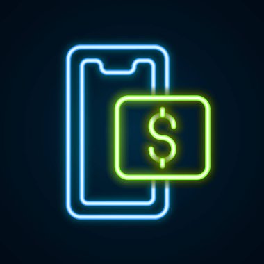 Parlayan neon hattı cep telefonu ve alışveriş arabası simgesi siyah arka planda izole edildi. İnternetten satın alma sembolü. Süpermarket sepeti sembolü. Renkli taslak konsepti. Vektör.