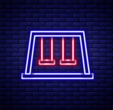 Parlak neon çizgisi çocuklar için yaz oyunları için salıncaklar. Oyun alanı ikonu tuğla duvar arkasında izole edilmiş. Açık hava eğlence ekipmanları. Renkli taslak konsepti. Vektör.