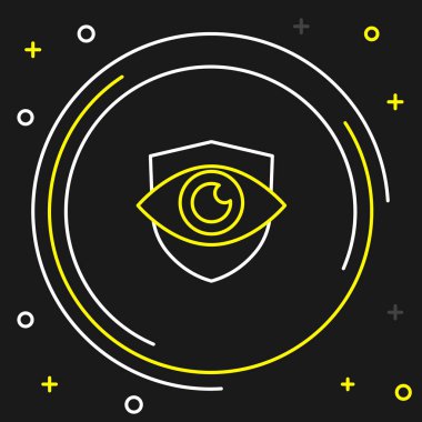 Çizgi kalkanı ve göz simgesi siyah arkaplanda izole edildi. Güvenlik, güvenlik, koruma, gizlilik kavramı. Renkli taslak konsepti. Vektör.