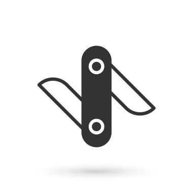 Beyaz arka planda izole edilmiş gri İsviçre çakısı ikonu. Çoklu alet, çok amaçlı çakı. Çok fonksiyonlu bir alet. Vektör.