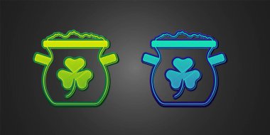 Green and blue Pot of gold coins icon isolated on black background. Happy Saint Patricks day. National Irish holiday. Vector.