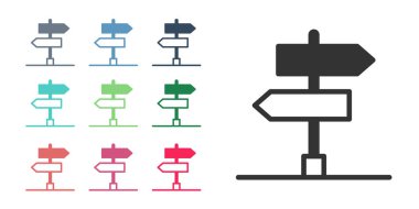 Siyah Yol trafik tabelası. Beyaz arkaplanda sinyal simgesi izole edildi. İşaretçi sembolü. İzole sokak bilgi levhası. Yön tabelası. Simgeleri renklendirin. Vektör.