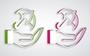 Kağıt kesiği Şemsiye 'nin el resmi gri arkaplanda izole edilmiş. Sigorta konsepti. Su geçirmez ikon. Koruma, güvenlik, güvenlik kavramı. Kağıt sanatı tarzı. Vektör.