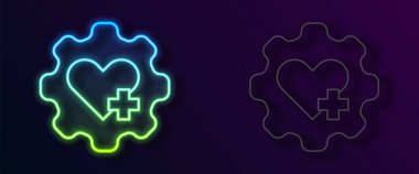 Siyah arka planda izole edilmiş bir haç simgesi olan parlak neon çizgisi Heart. İlk yardım. Sağlık, tıbbi ve eczane işaretleri. Vektör.