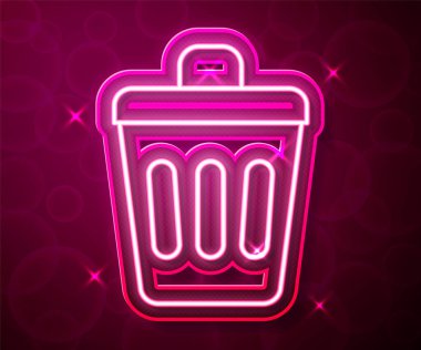 Parlayan neon hattı Çöp kutusu simgesi kırmızı arkaplanda izole edildi. Çöp kutusu tabelası. Sepet simgesini geri dönüştür. Ofis çöpü ikonu. Vektör.