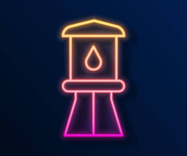 Parlayan neon hattı su kulesi simgesi siyah arkaplanda izole edildi. Vektör.