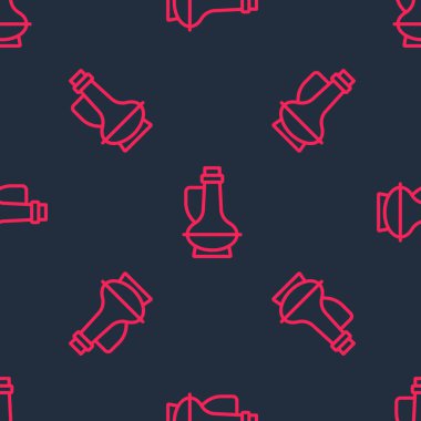 Kırmızı çizgili zeytinyağı ikonu siyah arka planda izole edilmiş. Zeytinyağı ikonlu sürahi. Vektör.