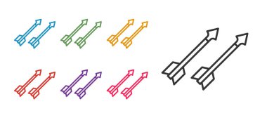 Beyaz arkaplanda izole edilmiş Ortaçağ ok simgesini ayarla. Ortaçağ silahı. Simgeleri renklendirin. Vektör.