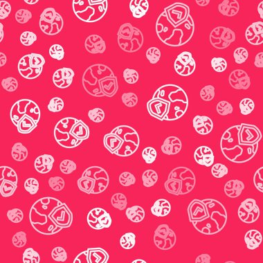 Dünya küresi ikonuna sahip beyaz çizgi kalkanı kırmızı arka planda izole edilmiş kusursuz desen. Sigorta konsepti. Güvenlik, güvenlik, koruma, gizlilik kavramı. Vektör.