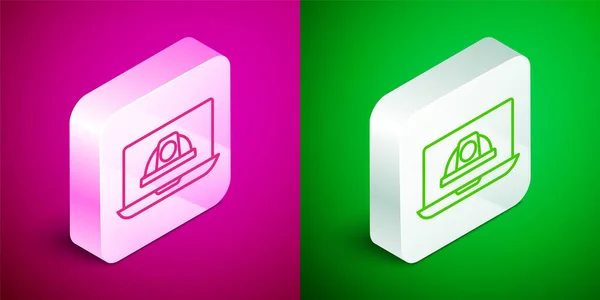 Isometric Line Worker Safety Helmet Icon Isolated Pink Green Background — Stock Vector