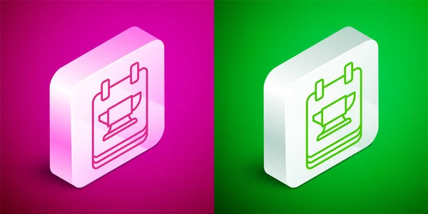 Isometric Line Blacksmith Anvil Tool Icon Isolated Pink Green Background — Stock Vector