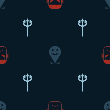 Frankenstein 'ı Cadılar Bayramı' nda mutlu ve mızraklı şeytanla kusursuz bir şekilde yüzleştir. Vektör.