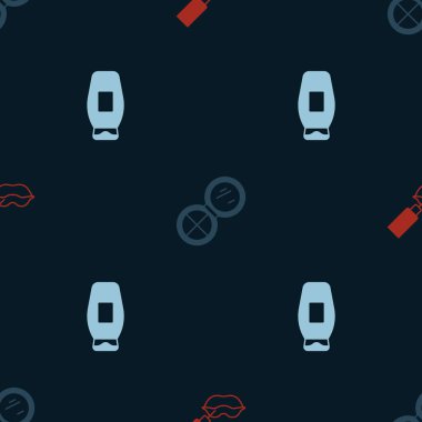 Dudak büyütücü makyaj tozunu aynayla ve bir şişe şampuanı pürüzsüz desene göre ayarla. Vektör.