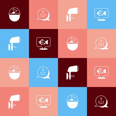 Balık oltası ve tekne motoru ve konum balıkçılık ikonu ile pop sanat balıkçılığı kovası kur. Vektör.