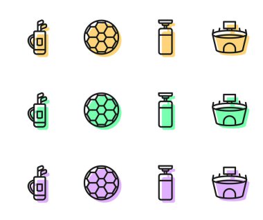 Futbol topu ve stadyum ikonu ile kum torbası golf belirle. Vektör.