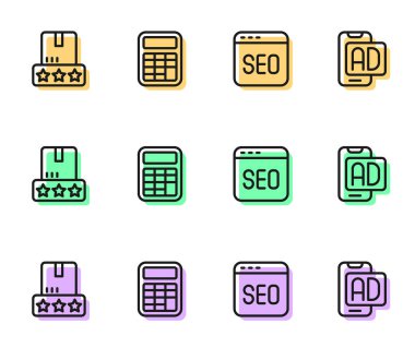 SEO optimizasyon ürün değerlendirme hesaplayıcısı ve reklam simgesini ayarla. Vektör.