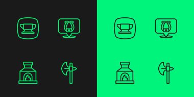 Ortaçağ baltası, demirci fırını örs aleti ve at nalı ikonu. Vektör.