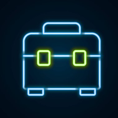 Parlayan neon çizgisi araç kutusu simgesi siyah arkaplanda izole edildi. Alet kutusu tabelası. Renkli taslak konsepti. Vektör.