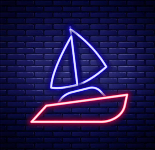 Glödande Neon Linje Yacht Segelbåt Eller Segelfartyg Ikon Isolerad Tegelvägg — Stock vektor